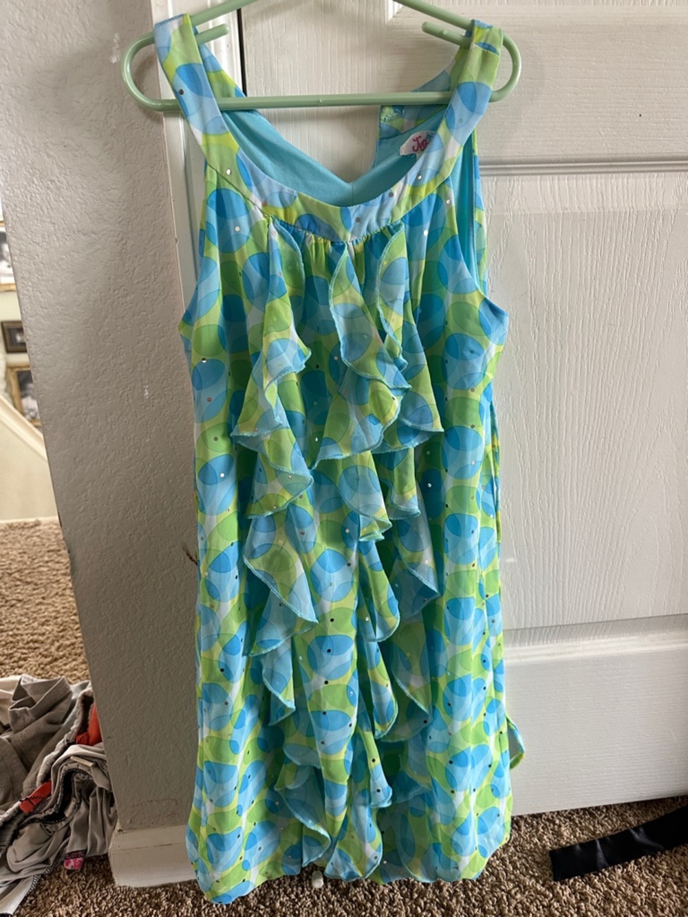 Justice Girls Blue and Lime Green Ruffled Casual Dress
